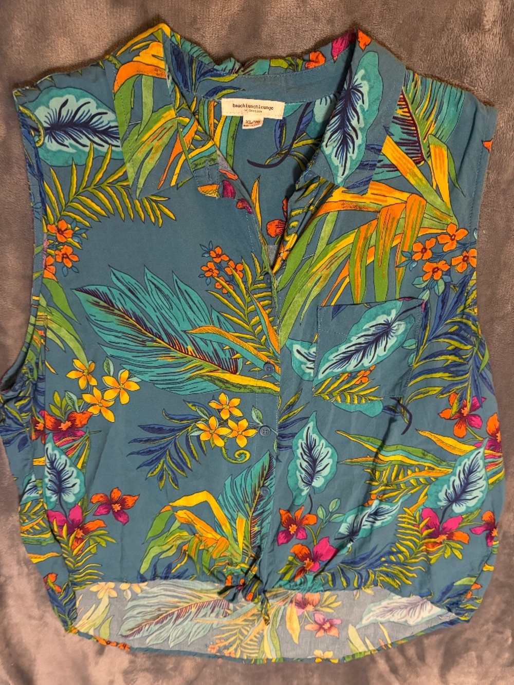 Beach Lunch Lounge XL Tropical Floral Sleeveless Tie Front Blouse
